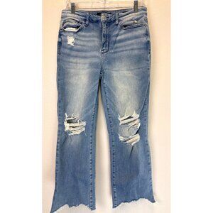 Judy Blue Women's Straight Crop Destressed Cropped Blue Jeans 7/28 Frayed Hem